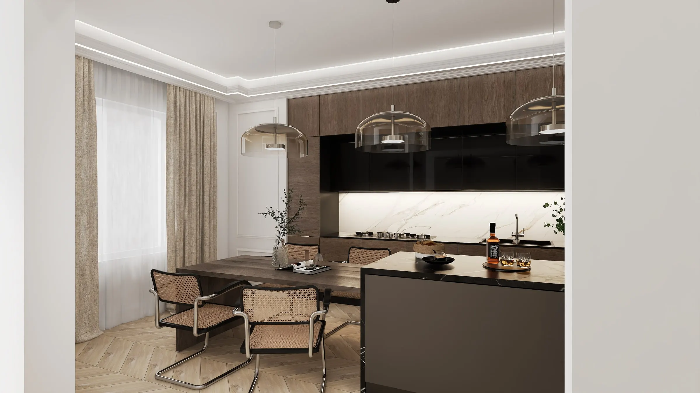 Open kitchen with dark wood fronts, black marble island and dining table with cantilever chairs