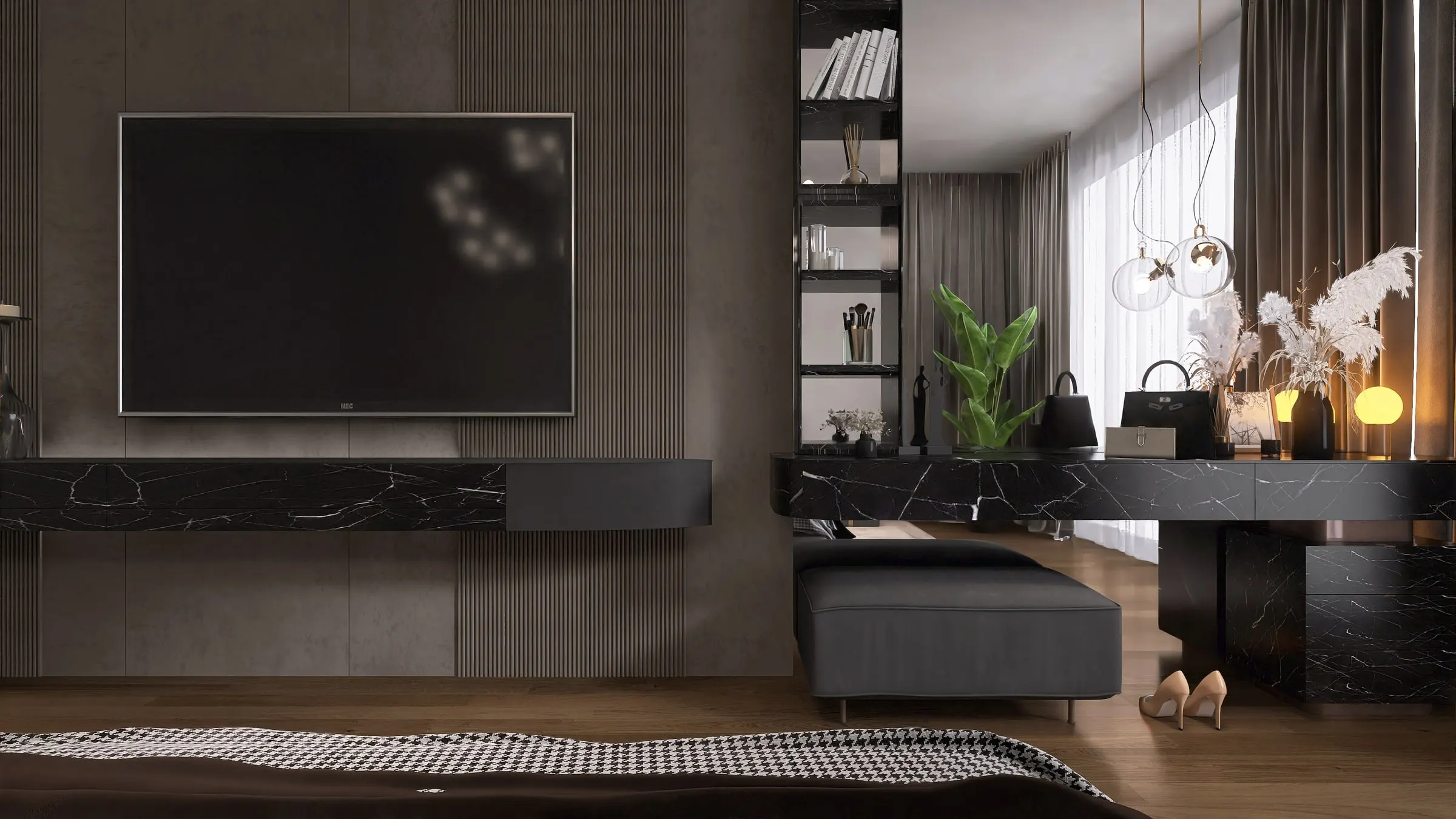 Bedroom with TV wall, black marble sideboard and dressing table