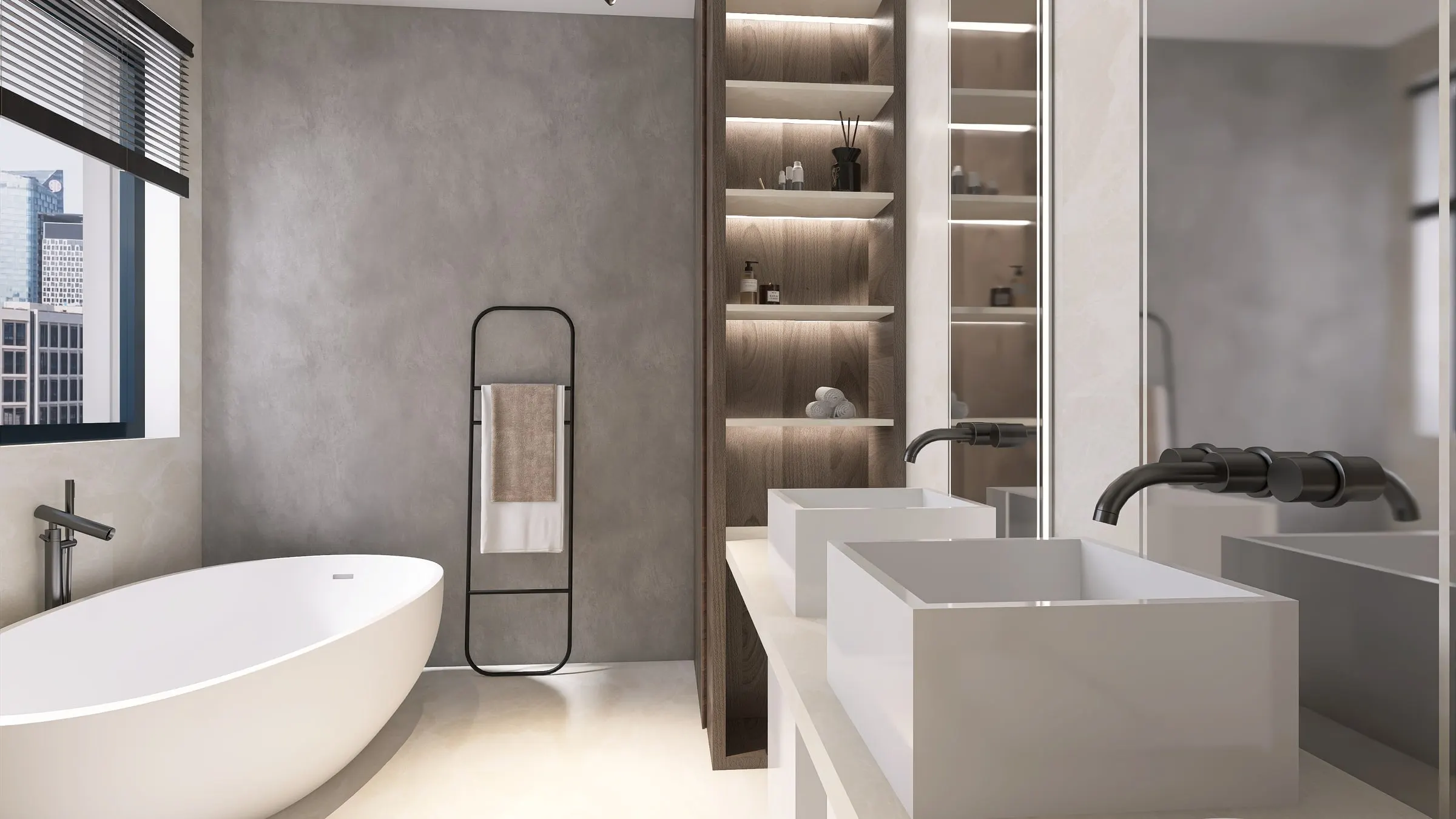 Square vessel basins, freestanding tub and towel ladder against a grey wall