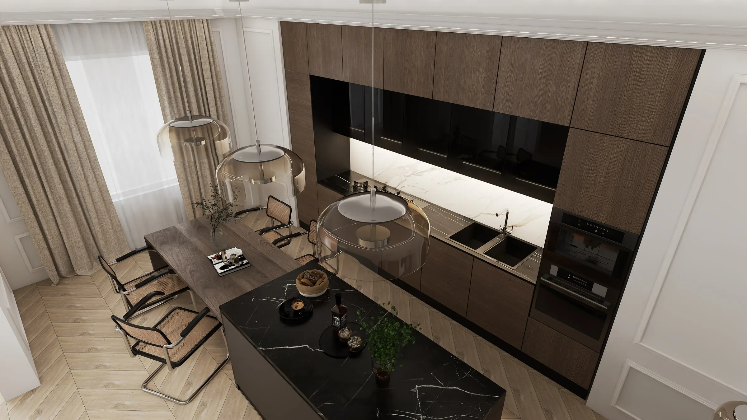 Kitchen with dark wood fronts, black marble island and glass pendant lights