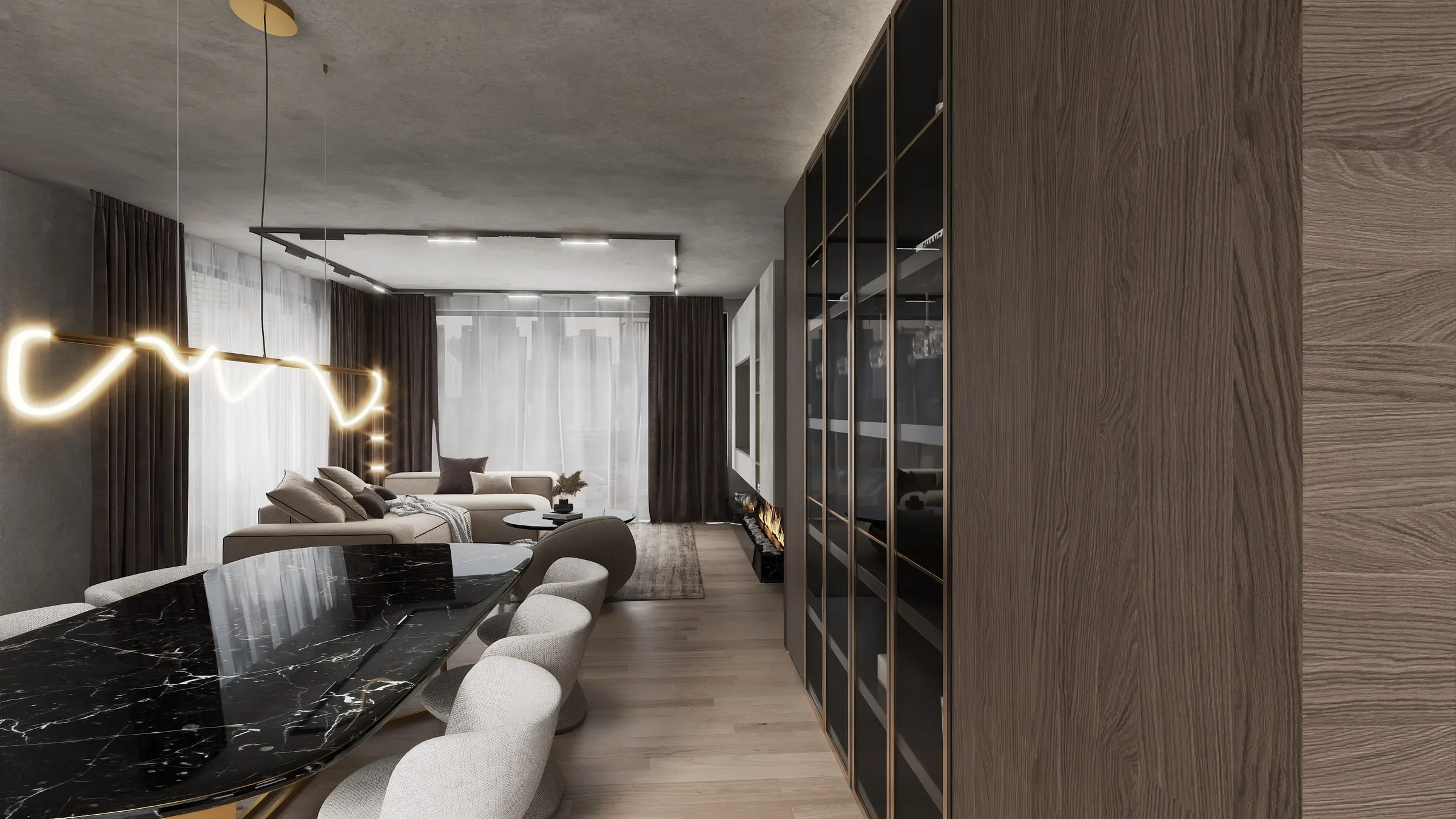 Black marble dining table with sculptural light, living area and glass cabinets behind