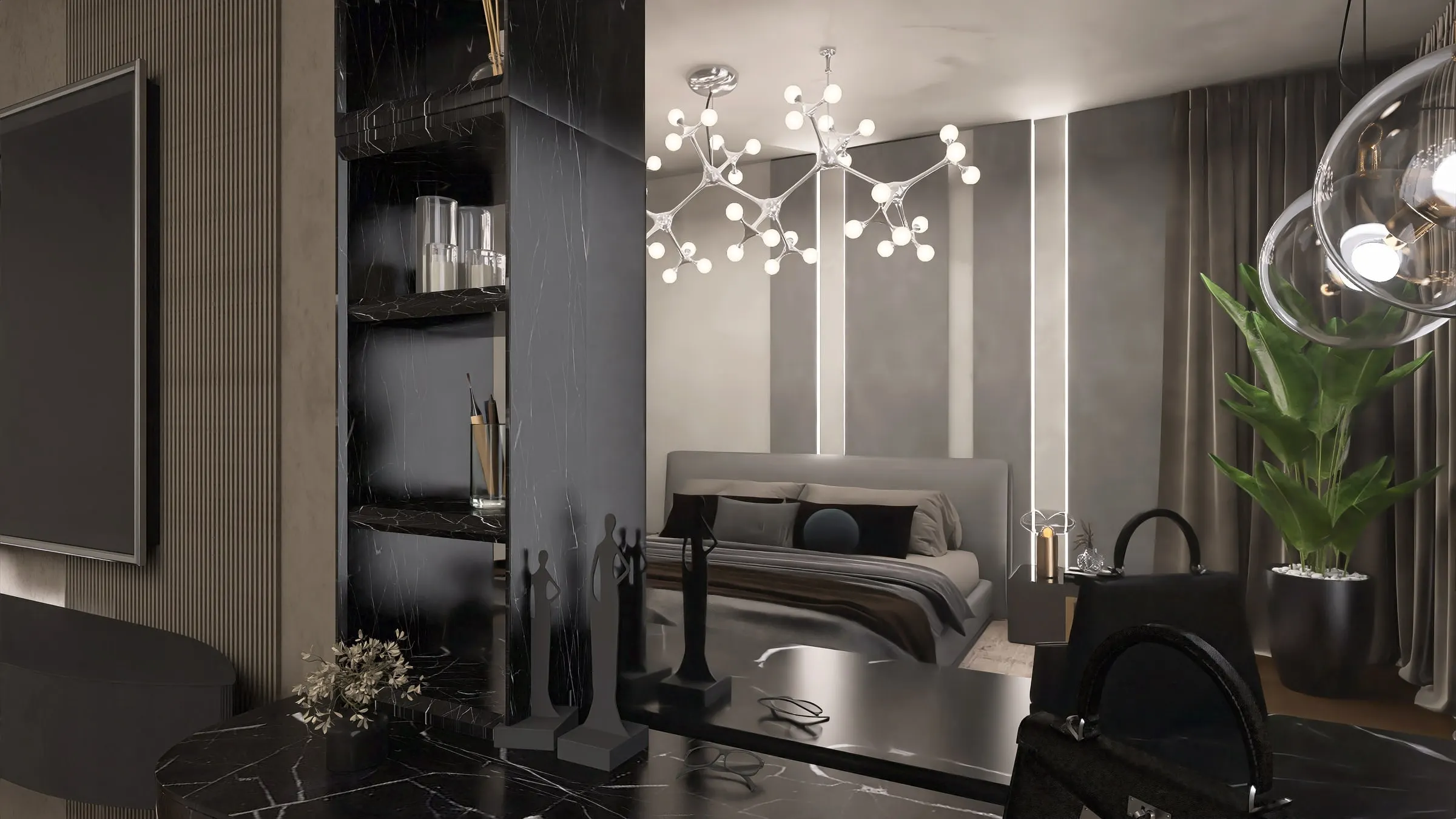 View into the bedroom with modern globe chandelier, shelving and upholstered bed