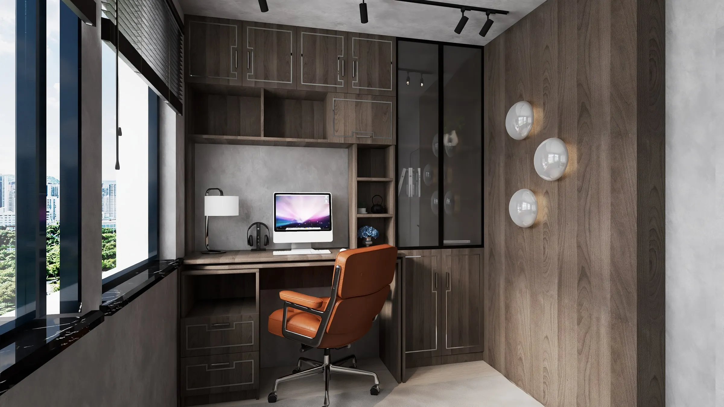 Office with custom dark wood cabinetry, desk and cognac leather chair