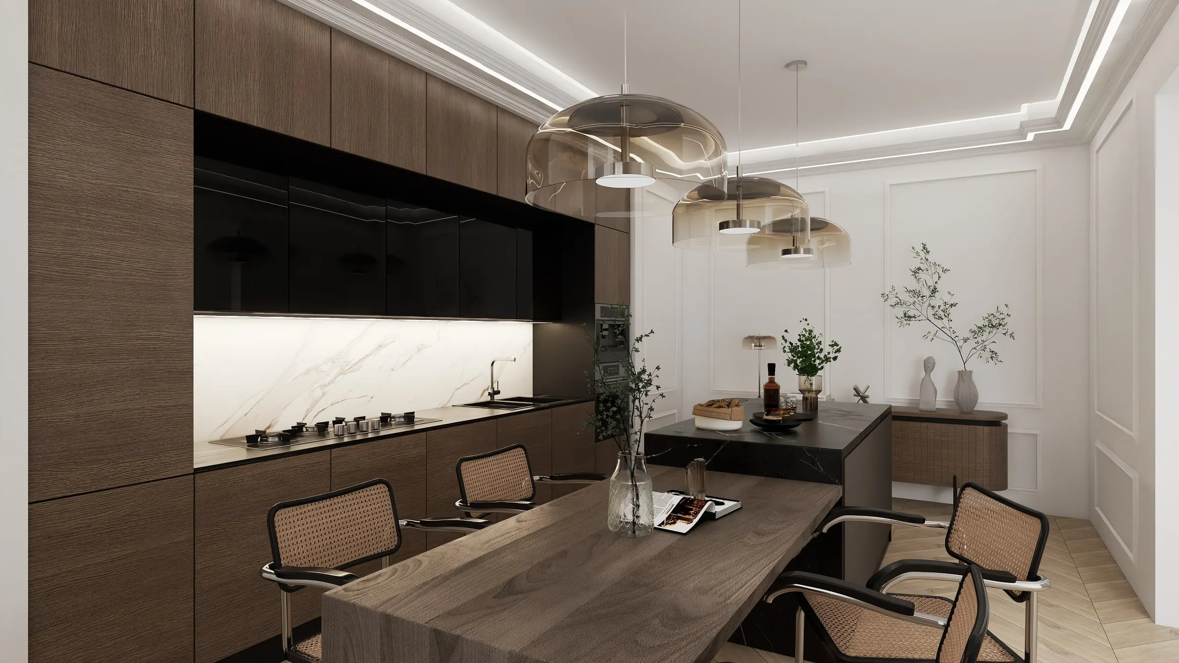 Wooden dining table with cane chairs in front of the dark kitchen with marble backsplash