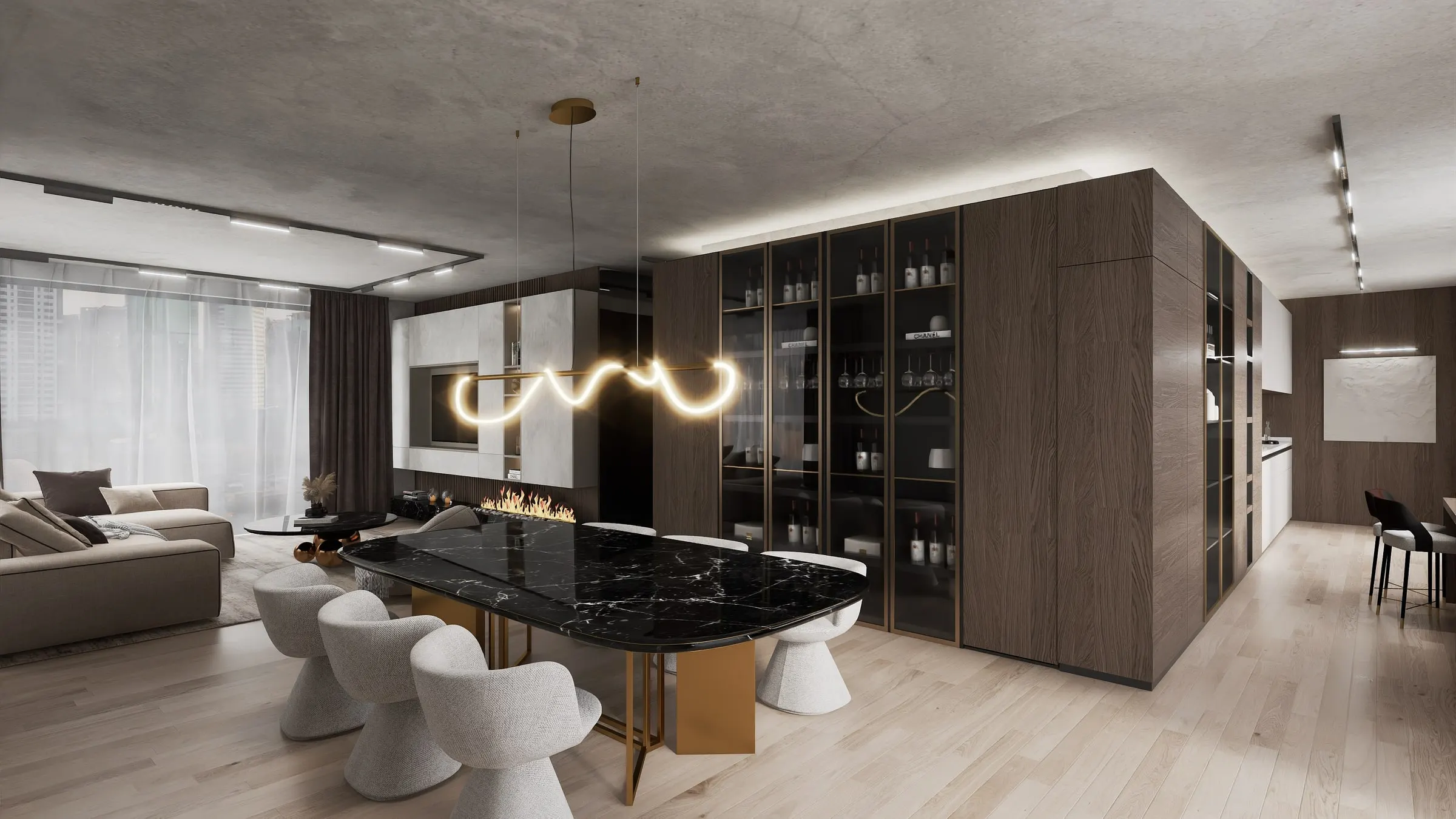 Dining area with marble table, light upholstered chairs and dark wood display cabinets