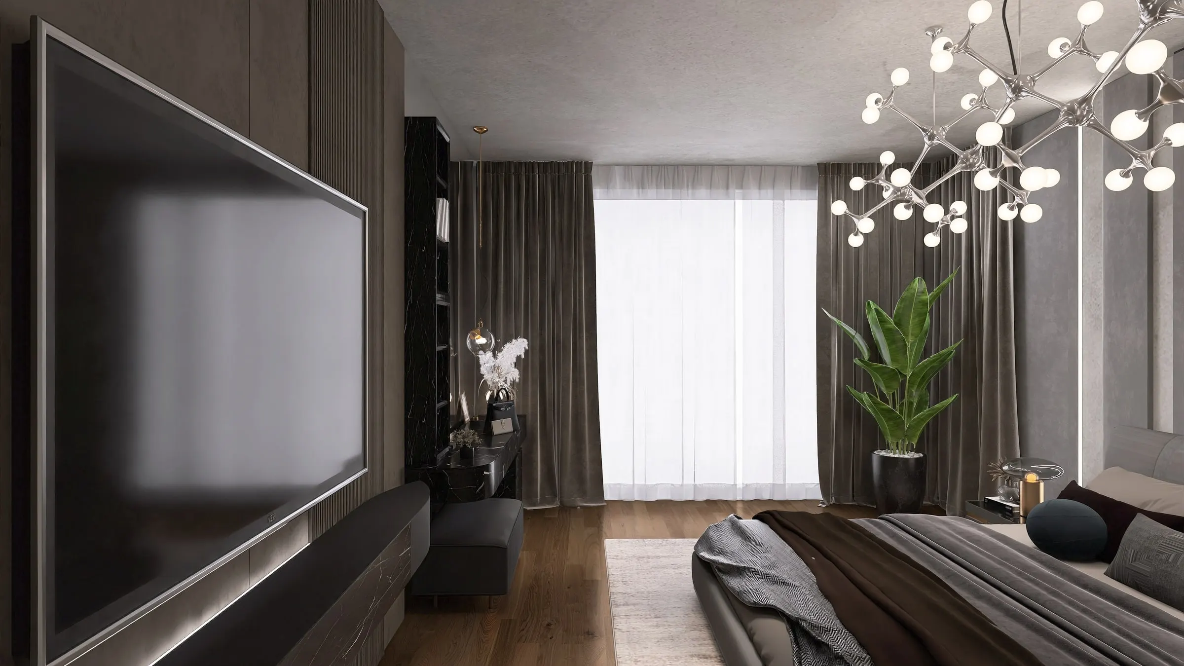 Bedroom with backlit TV wall, globe chandelier and floor-length curtains
