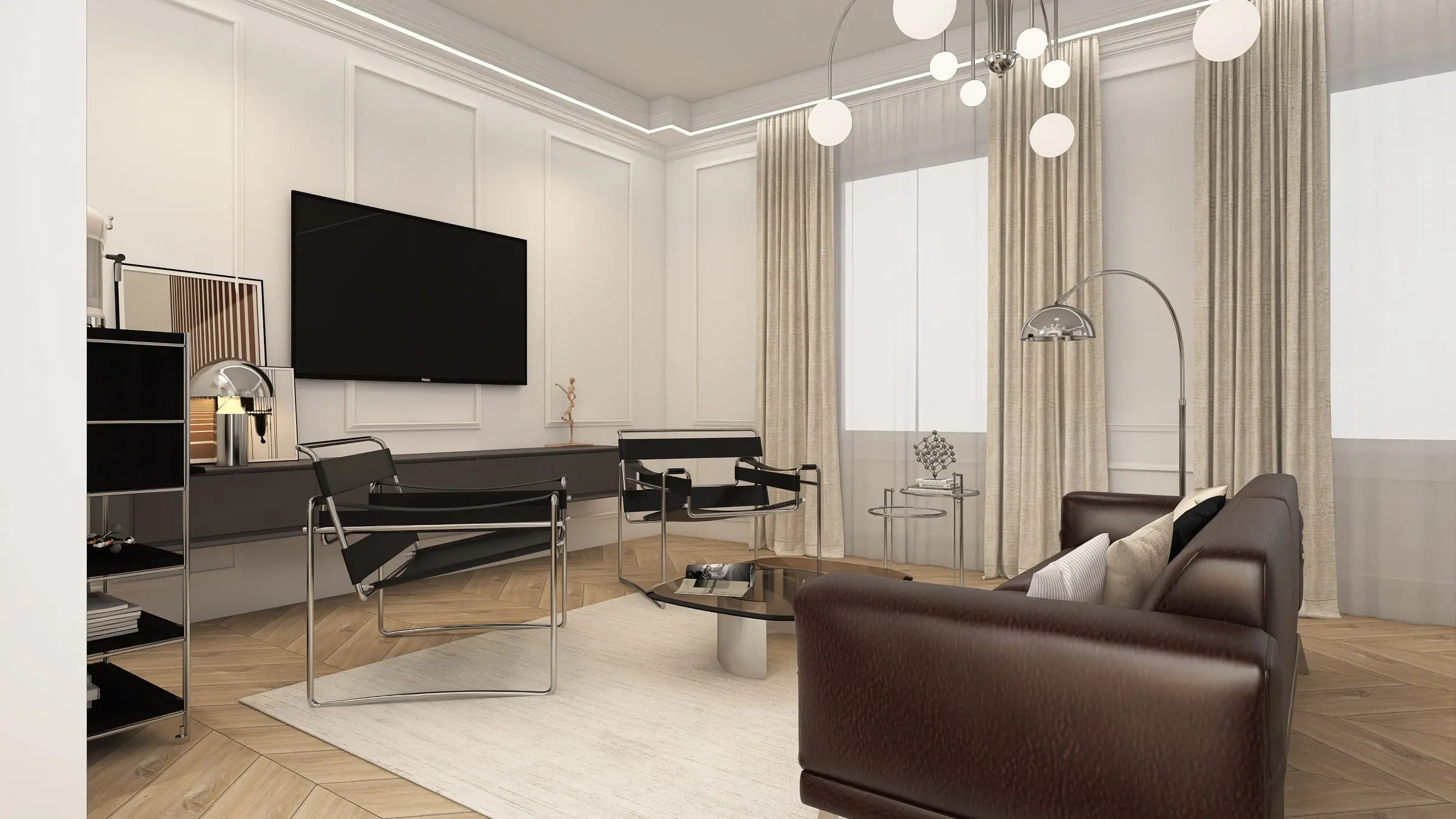 Living room with brown leather sofa, Bauhaus leather and chrome armchairs and arc lamp