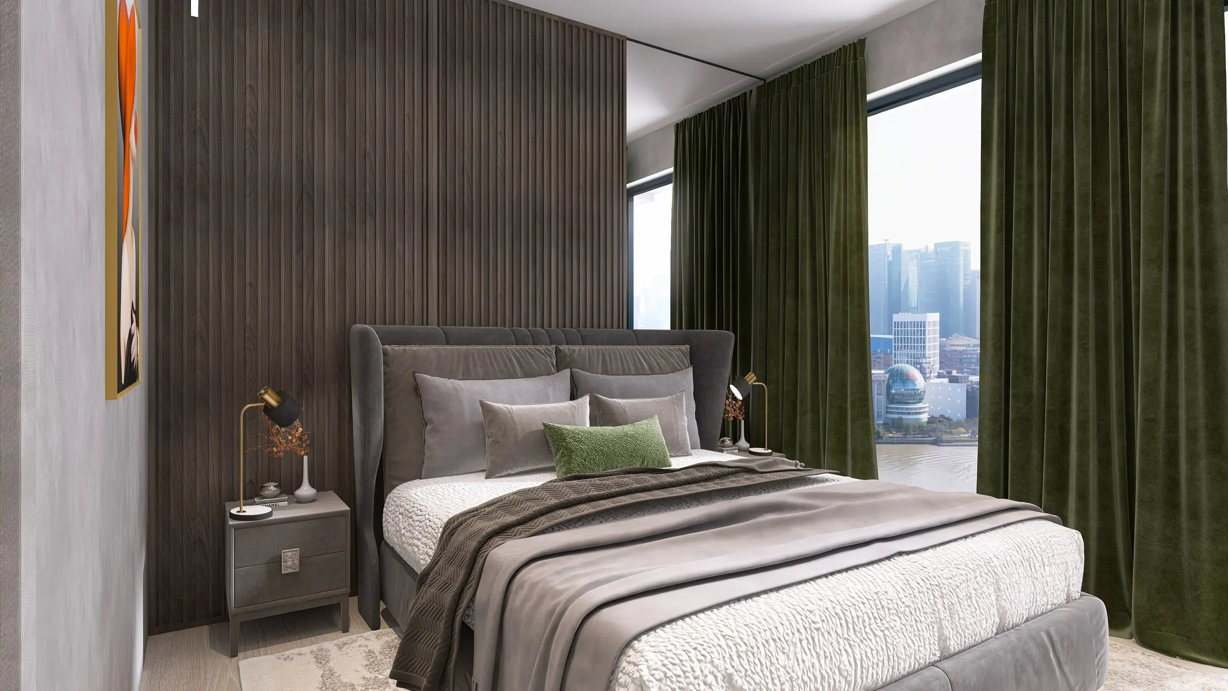 Bedroom with grey upholstered bed, wooden slat wall and green velvet curtains