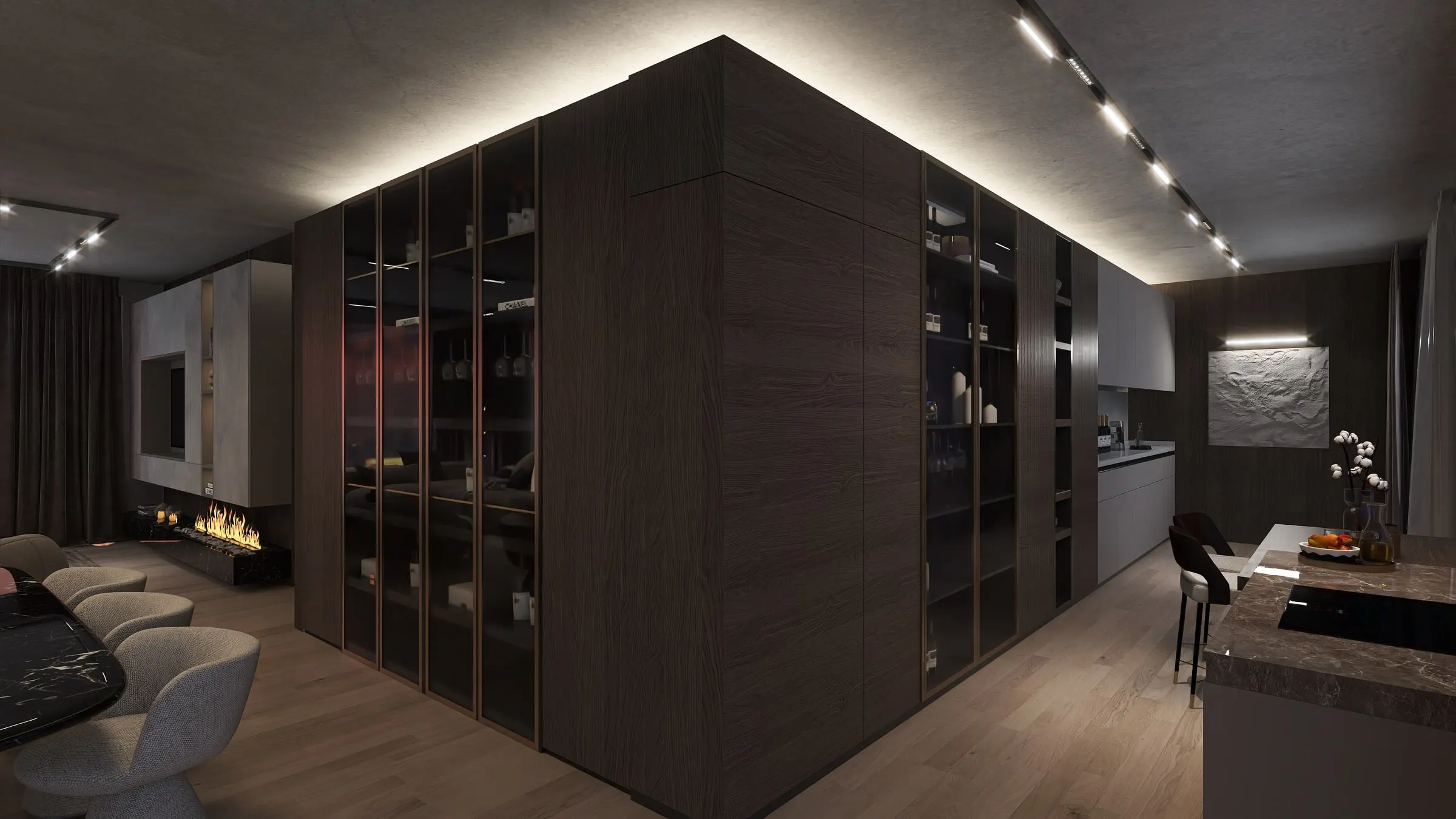 Dark wood room block with glass cabinets, indirect lighting and fireplace