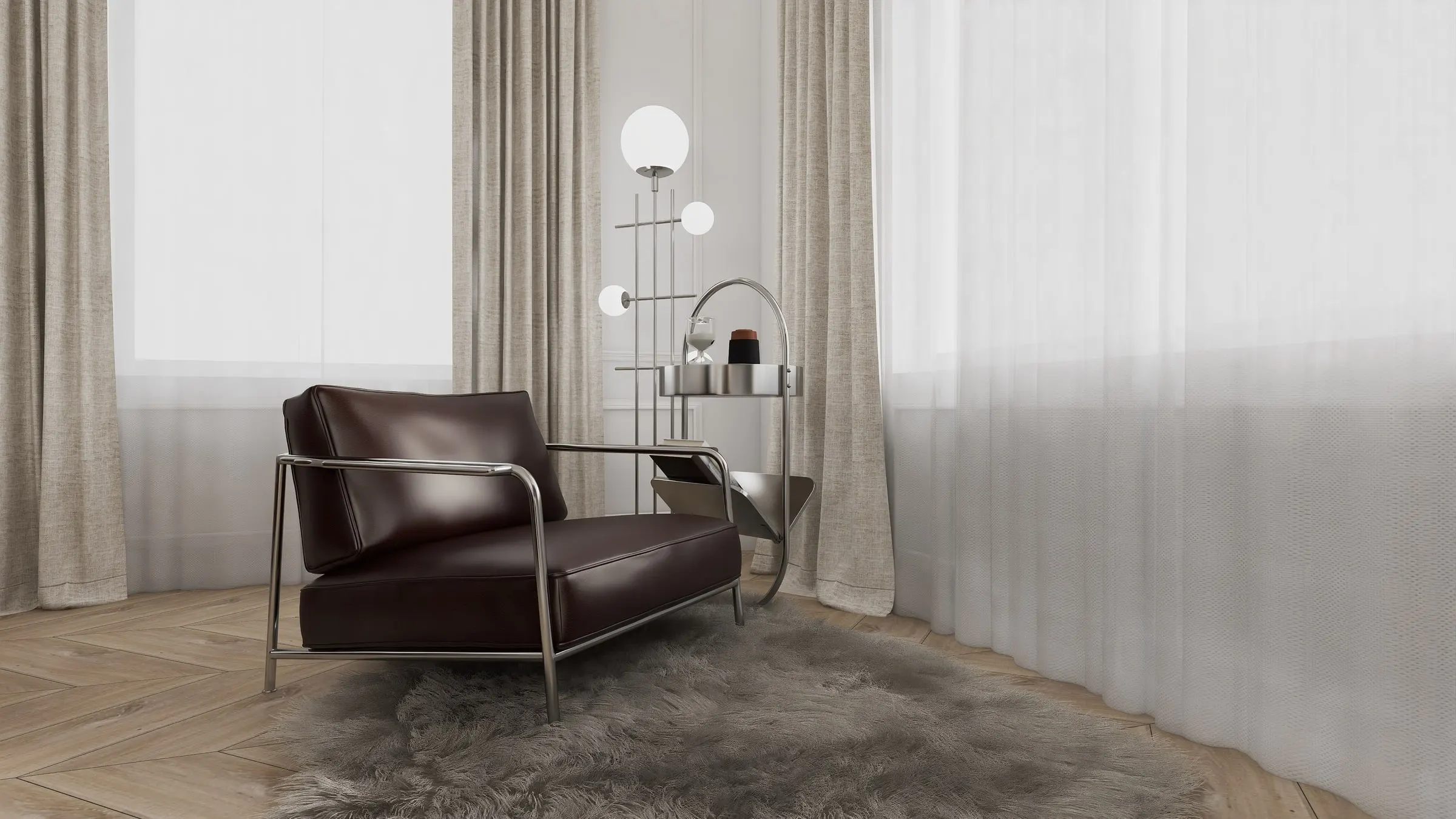 Leather armchair with chrome frame on a shag rug in front of floor-length linen curtains
