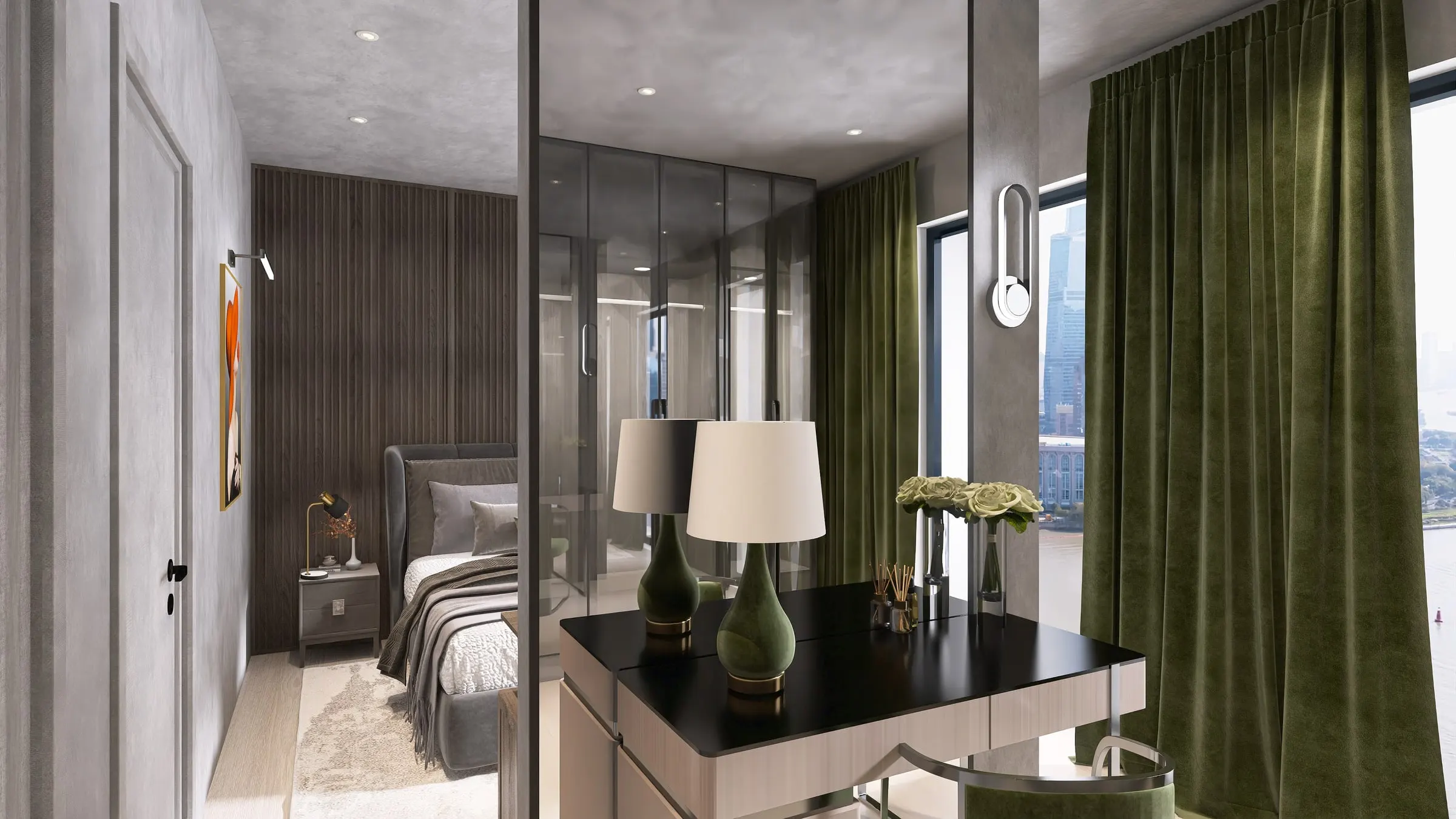 View into the bedroom with glass wardrobes, dressing table and green velvet curtains