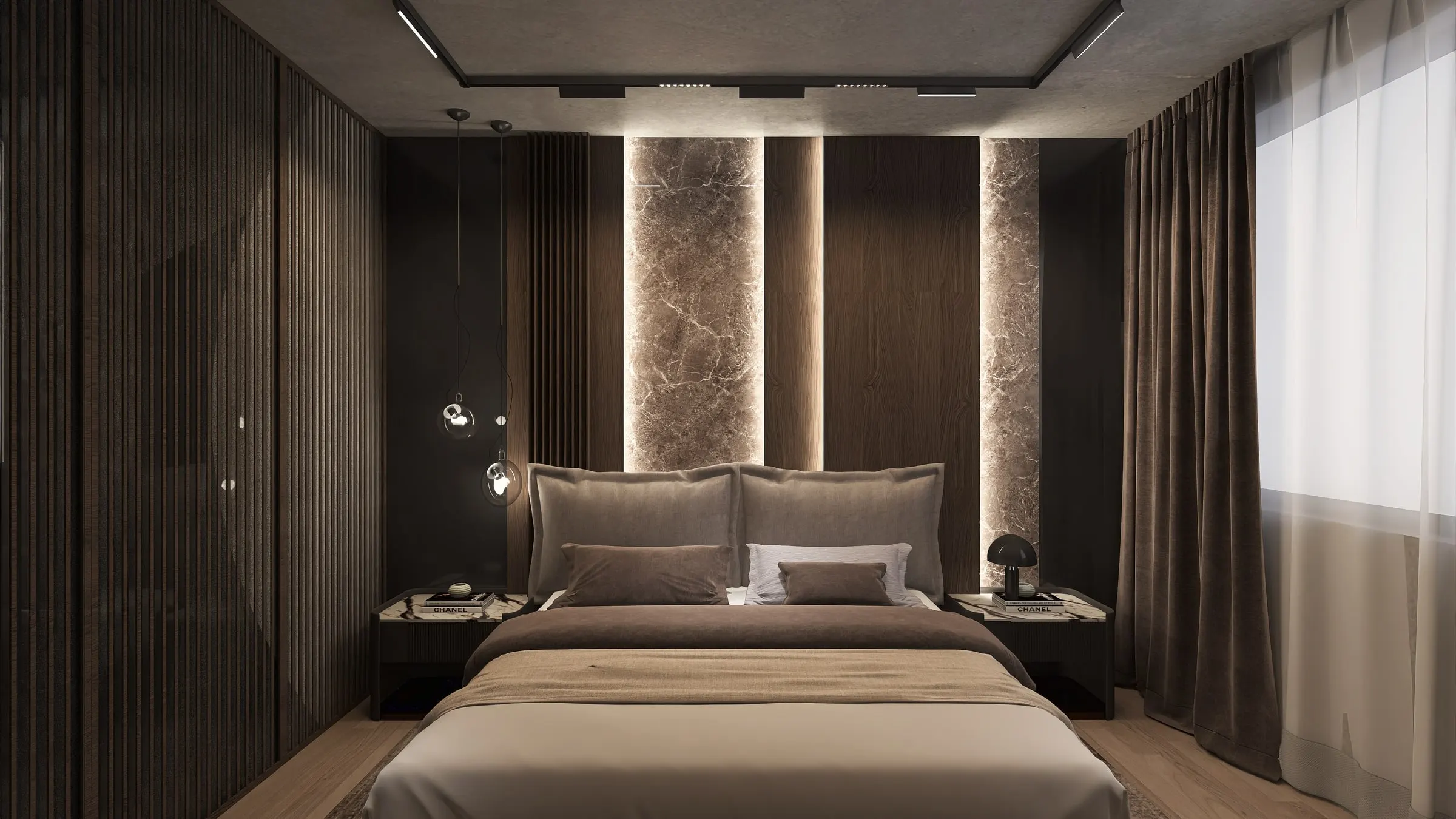 Bedroom with upholstered bed in front of backlit marble panels and wooden slats