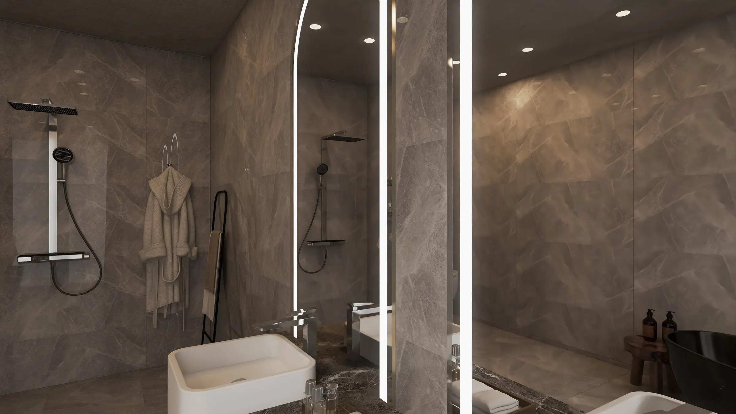 Stone-look bathroom with rain shower, arched mirror and bathrobe