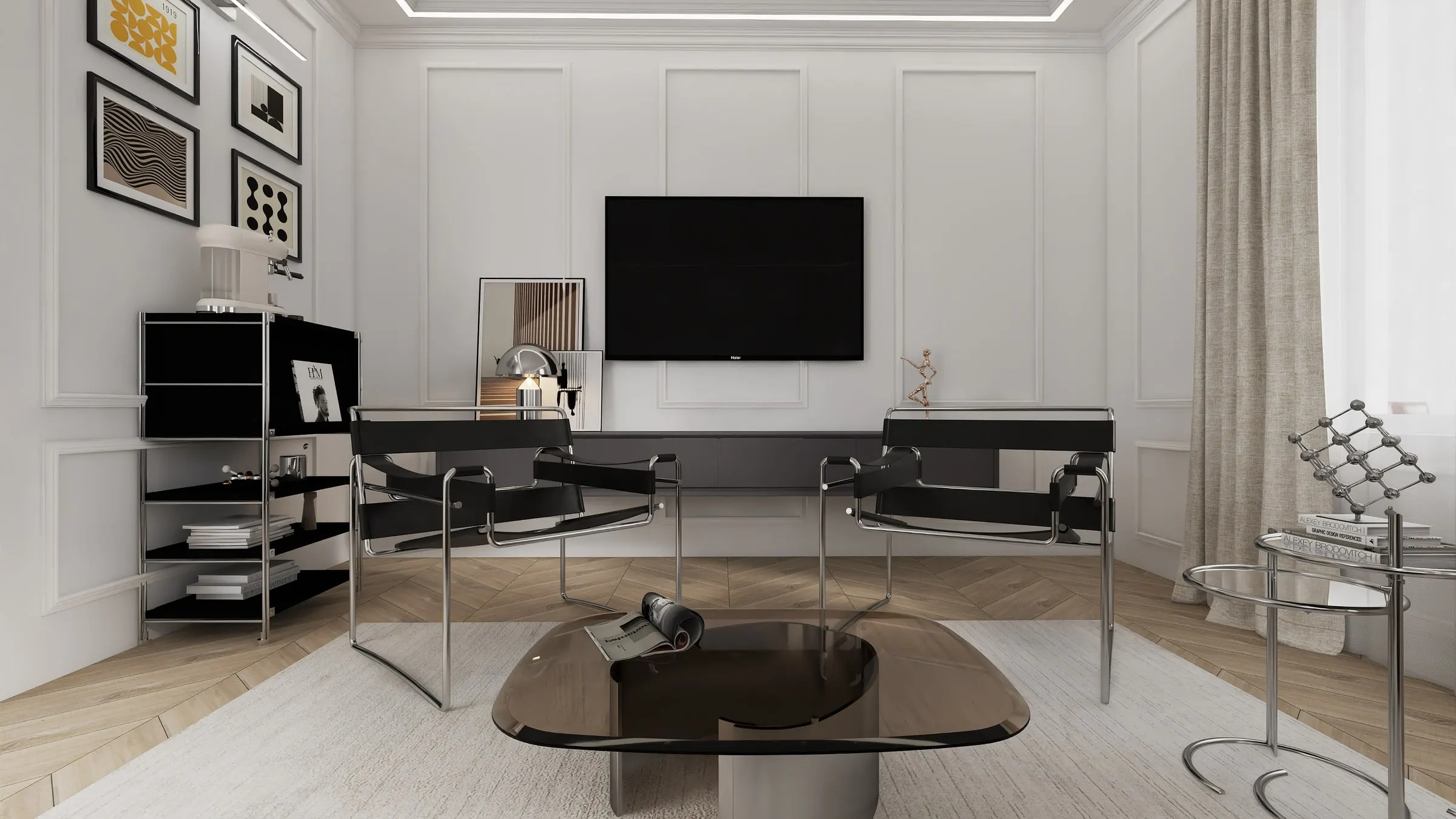 Living area with Bauhaus armchairs, glass coffee table and panelled TV wall