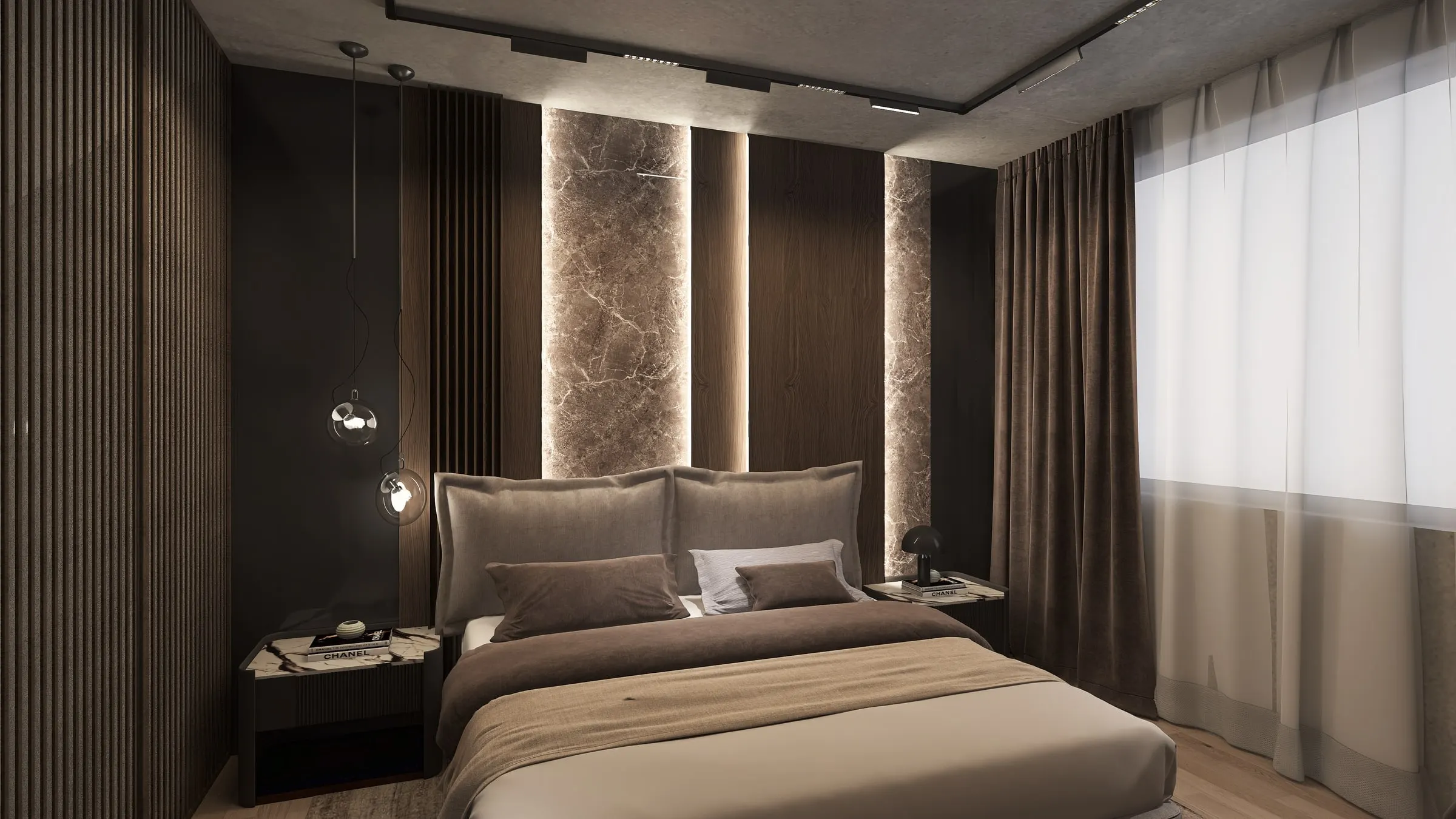 Bedroom in brown tones with upholstered bed, marble panels and pendant lights
