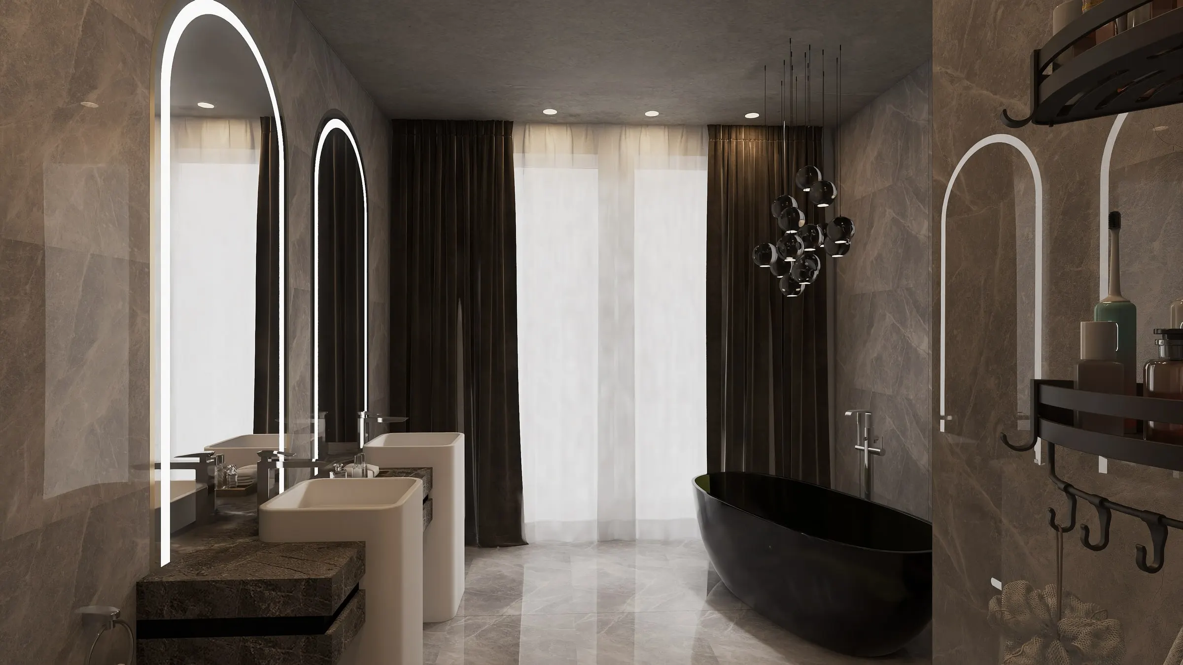 Bathroom with black freestanding tub, arched mirrors and dark curtains