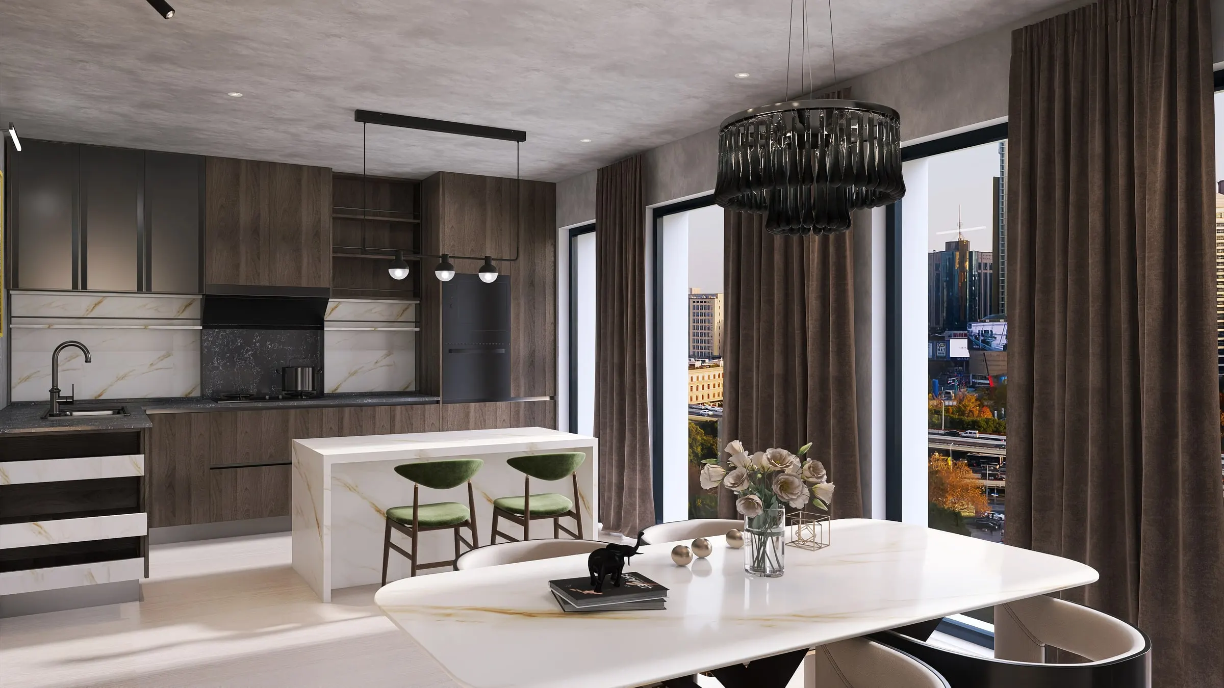 Dining area with marble table and crystal chandelier in front of an open kitchen with island