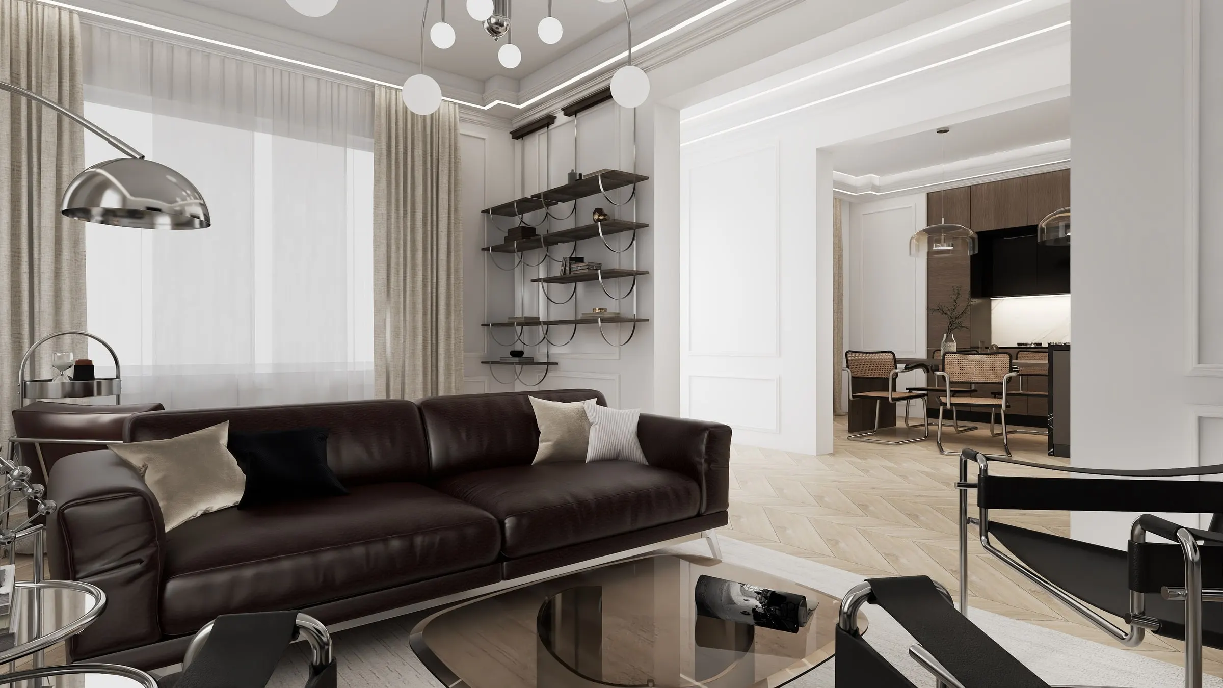 View from the living room with leather sofa through the open door into the kitchen