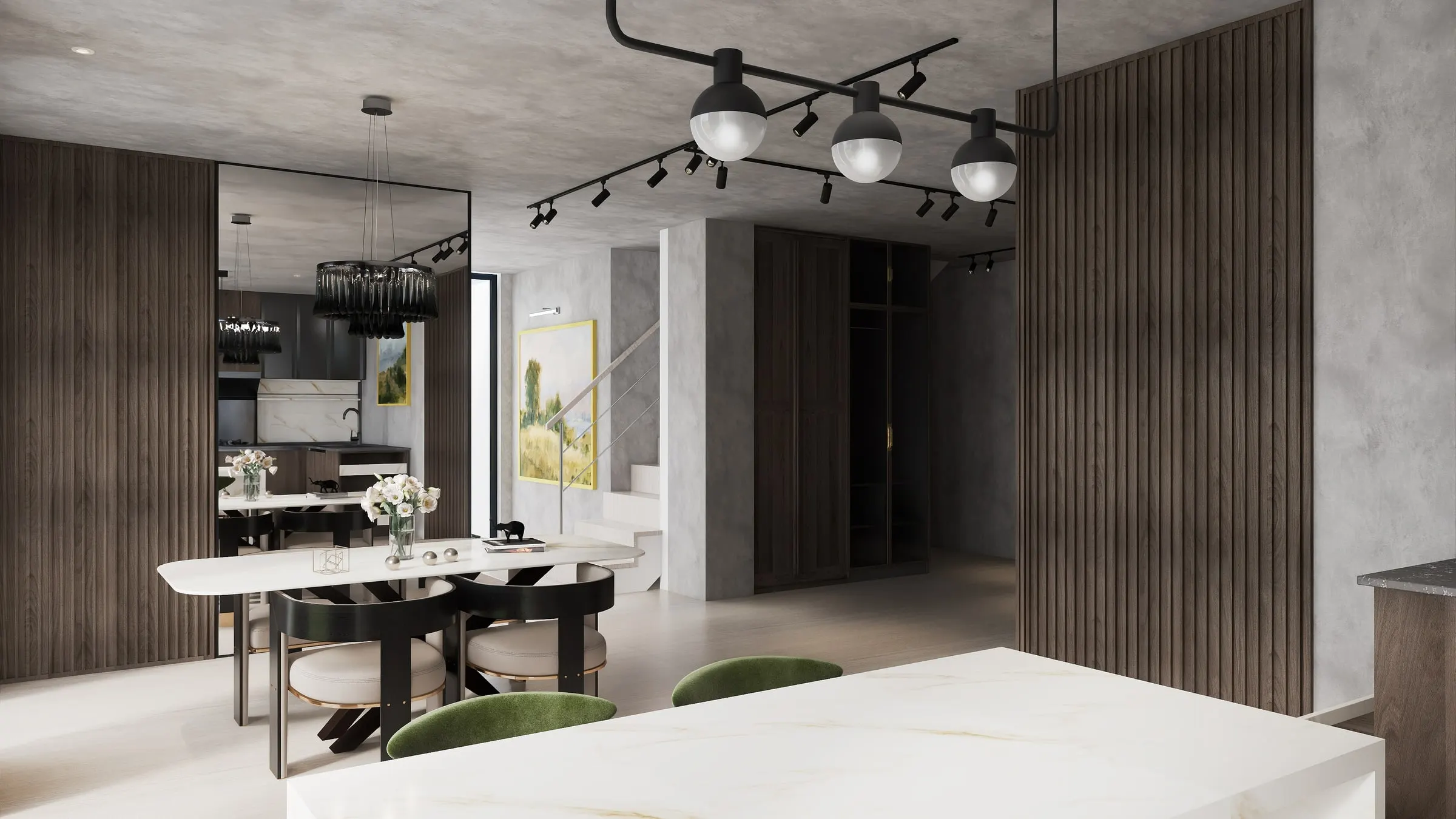 Marble dining table with green velvet chairs, wooden slat wall and track spotlights