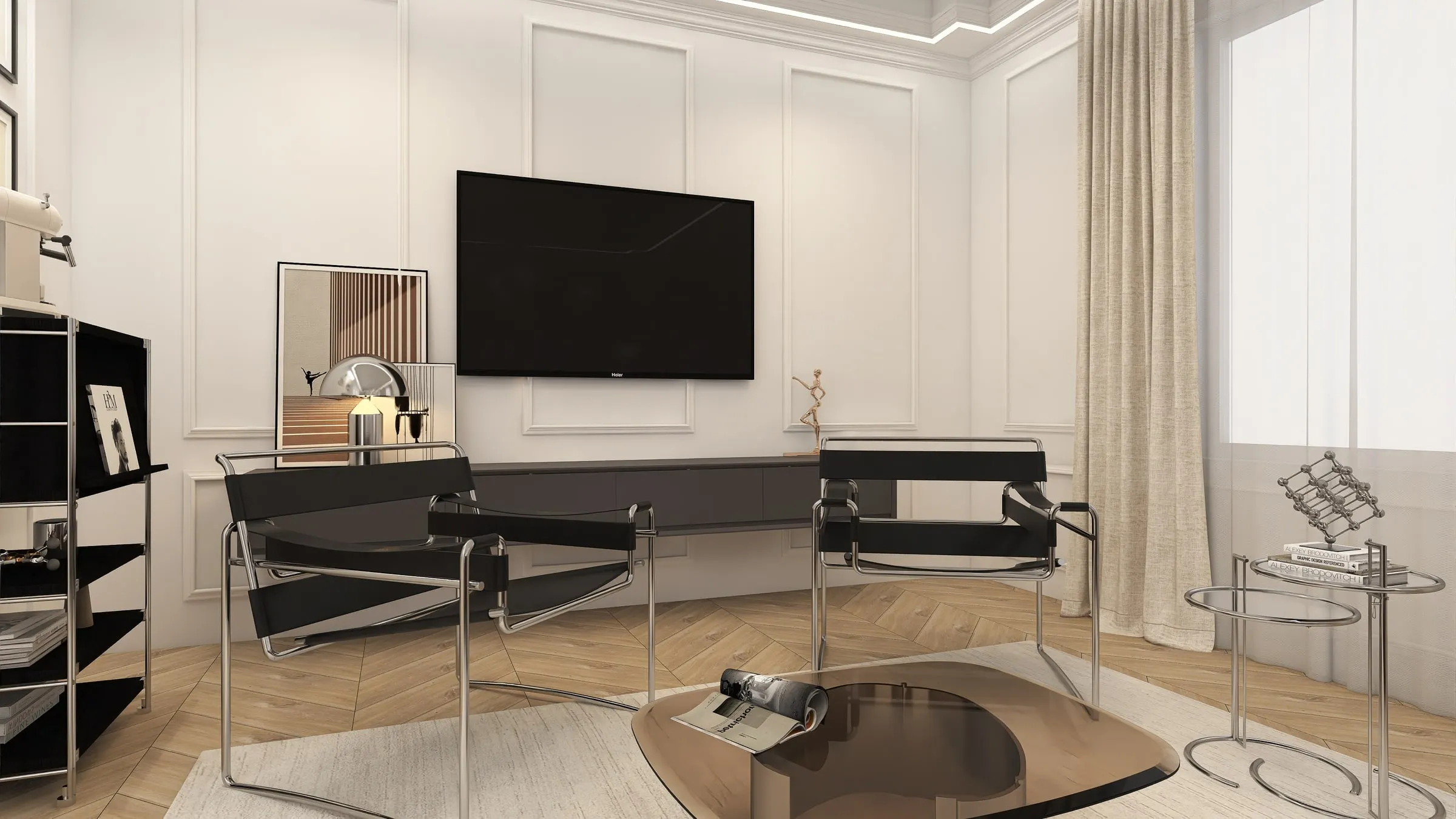 TV wall with plaster mouldings, two Bauhaus armchairs and smoked glass coffee table