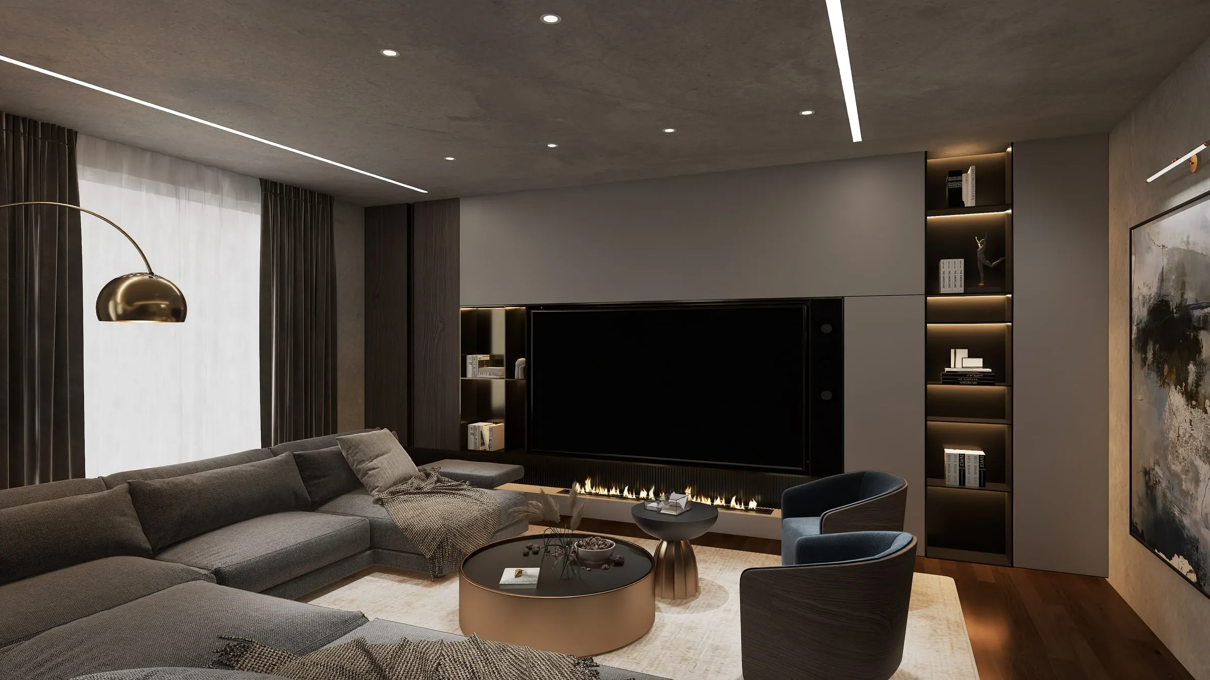 Living room with corner sofa, arc lamp and media wall with fireplace and lit shelves