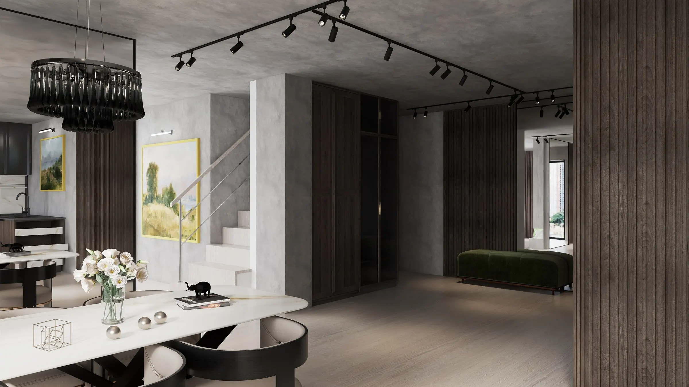 Open living and dining area with marble table, painting and staircase in the background