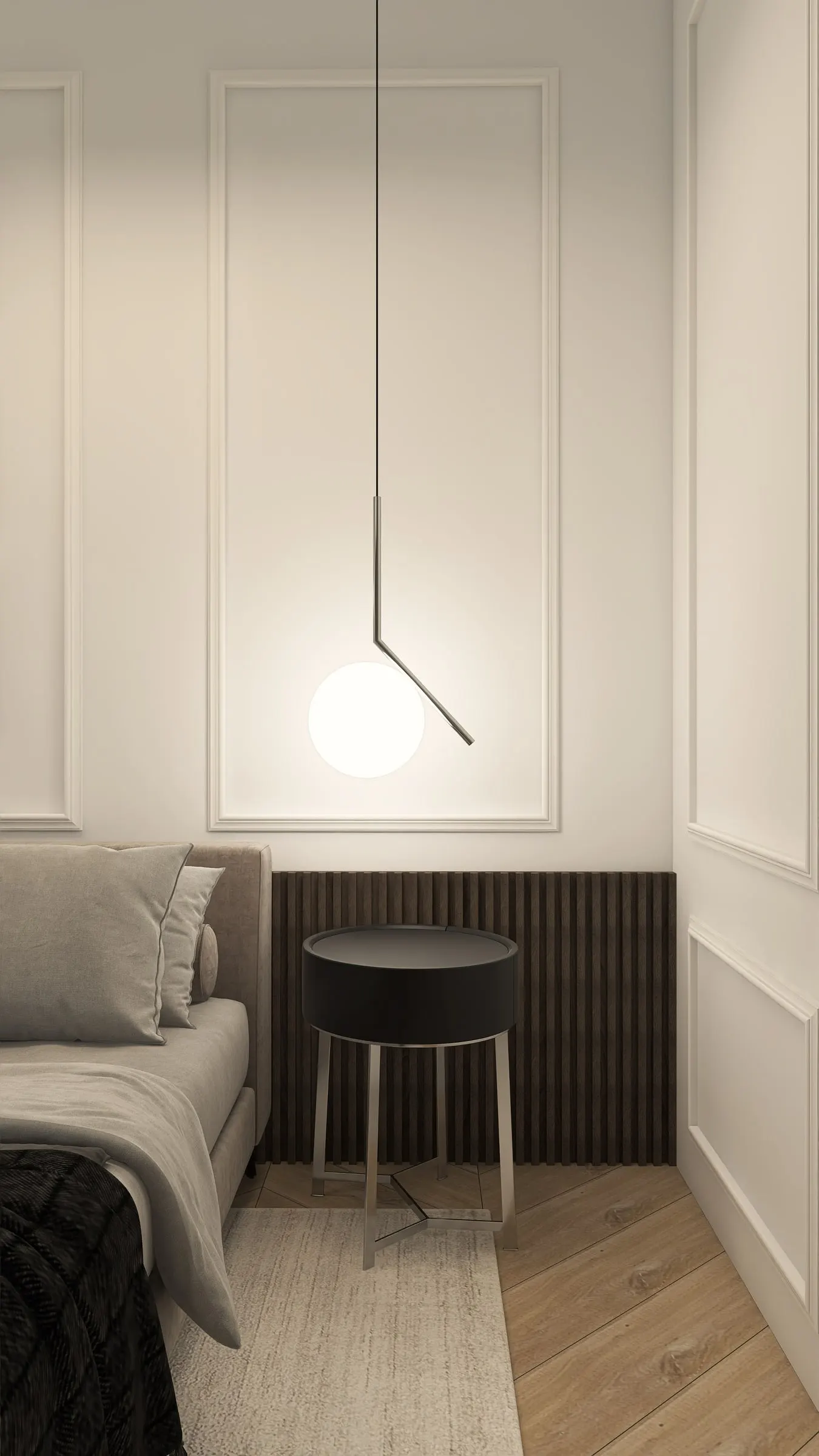 Detail: glass globe pendant light against light wall panelling in the bedroom