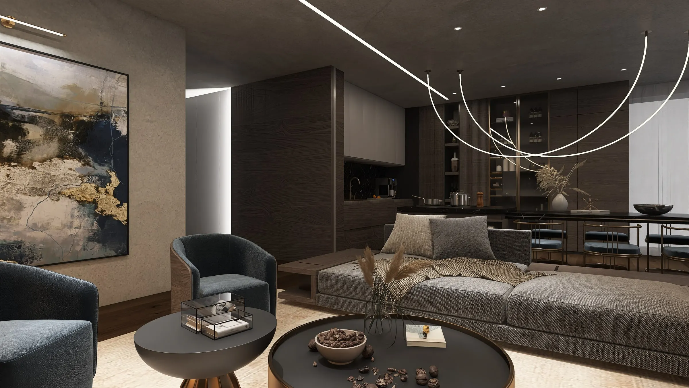 Living area with grey sofa, side tables and a large abstract painting