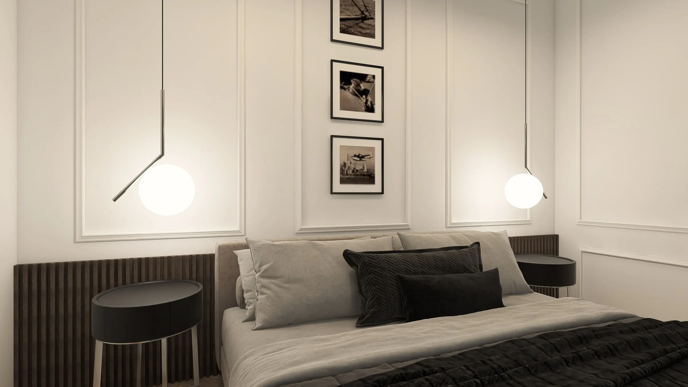 Bedroom with slatted headboard, black bedside tables and globe pendant lights