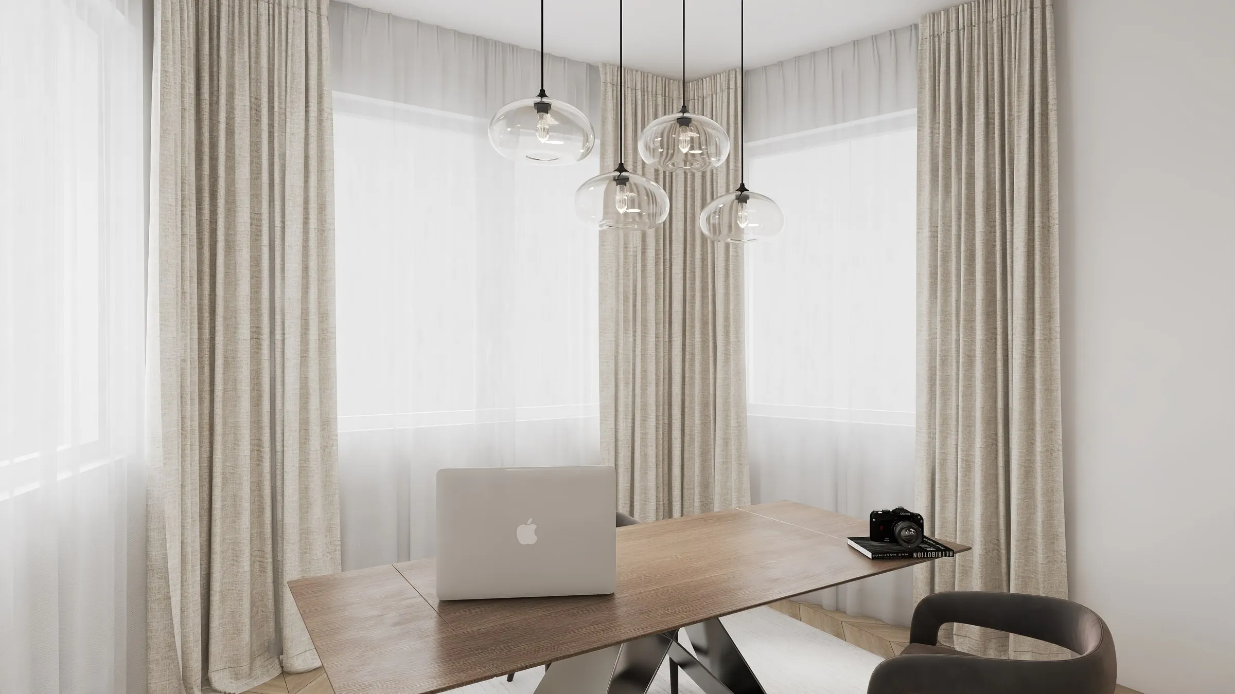 Workspace with wooden desk and glass pendant lights in front of light linen curtains
