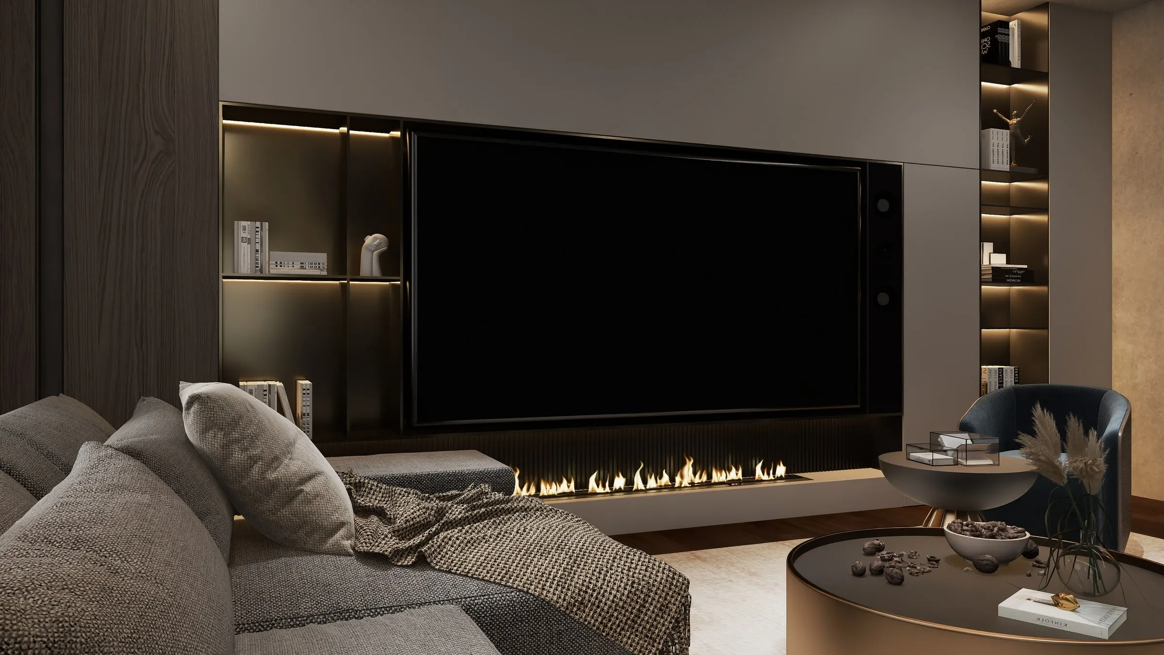 Media wall with built-in fireplace, illuminated shelves and sofa in the foreground