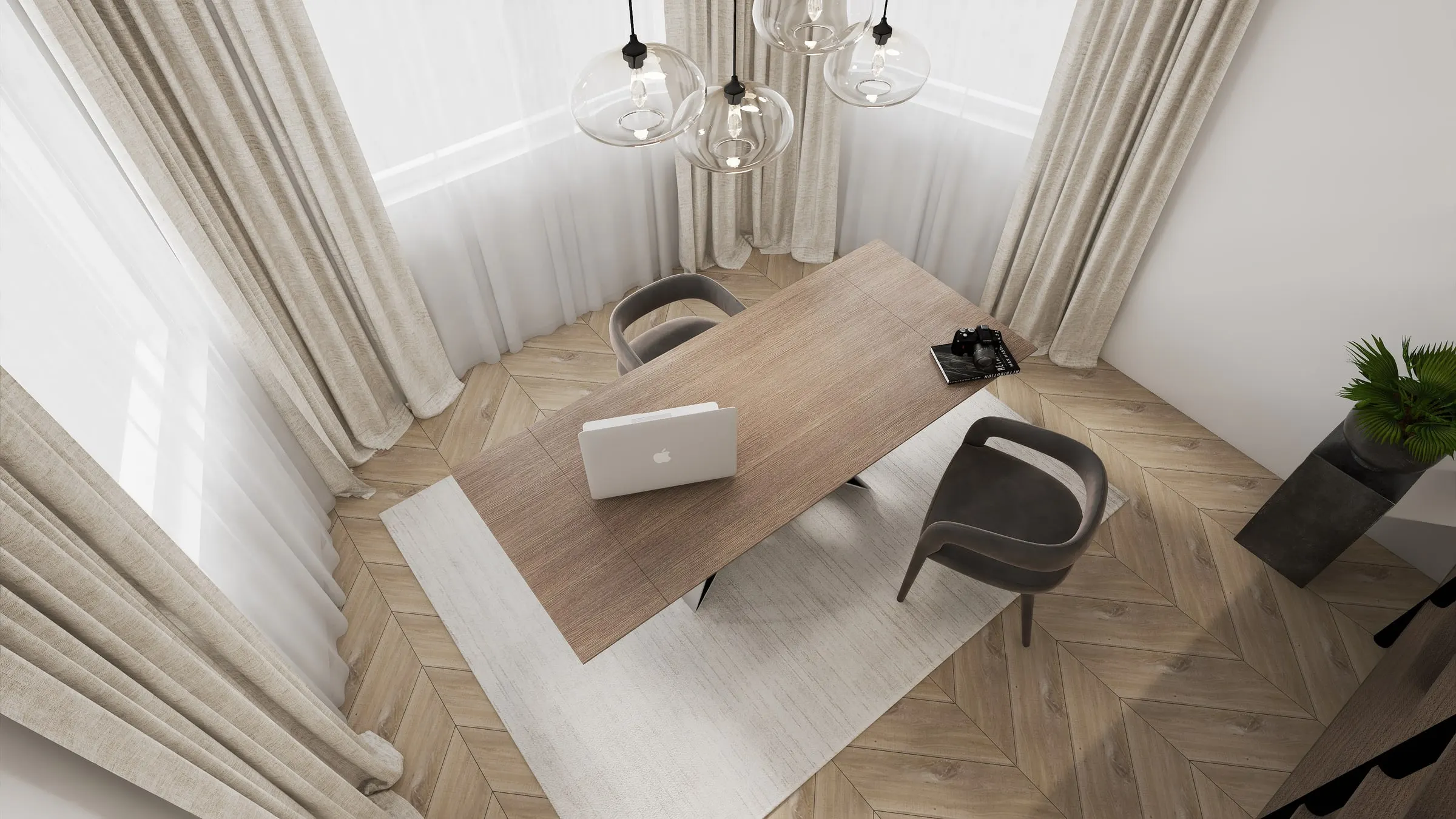 Office from above: wooden desk, upholstered chairs and herringbone parquet