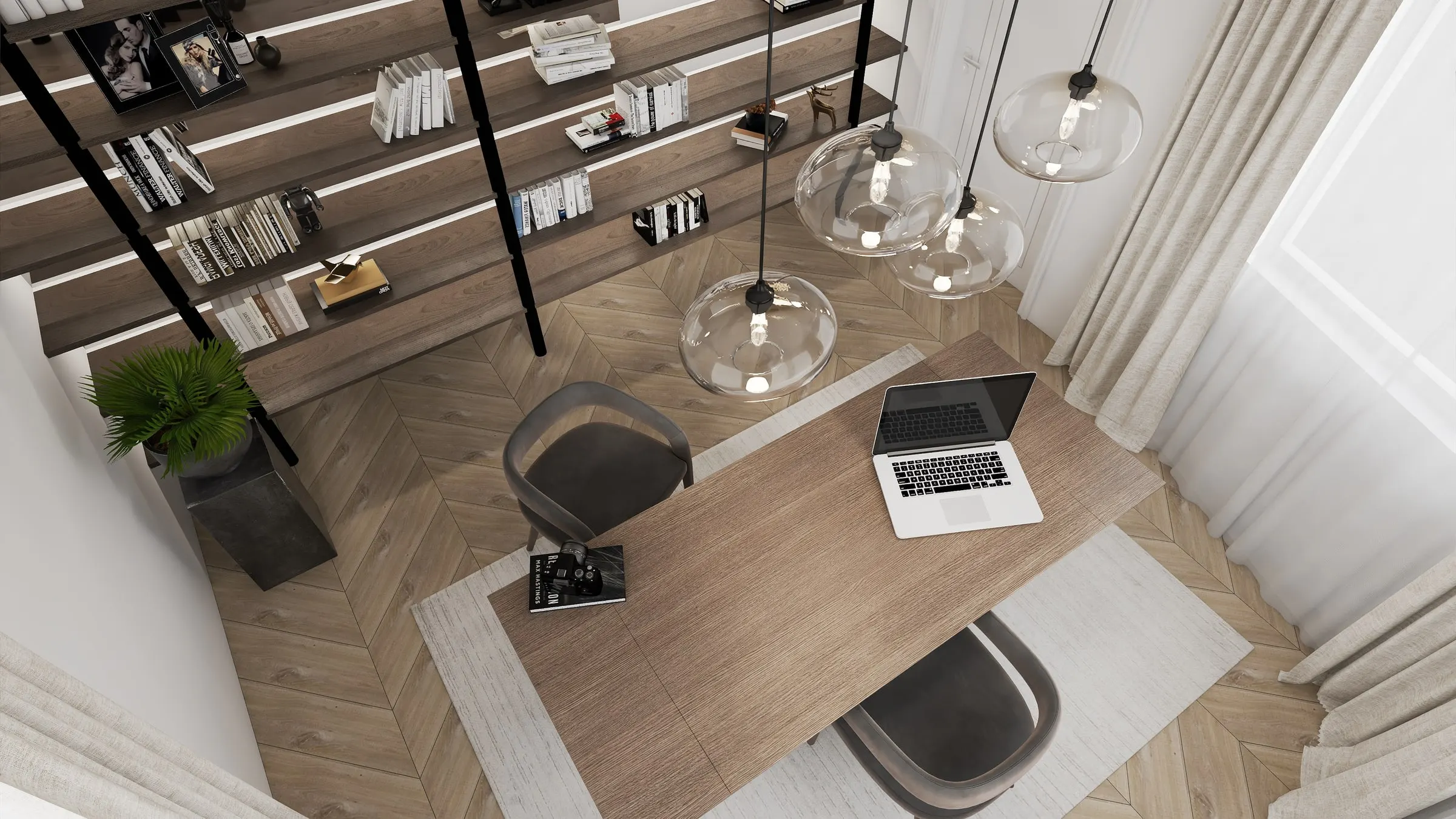 Office with shelving wall, glass pendant lights and wooden desk seen from above