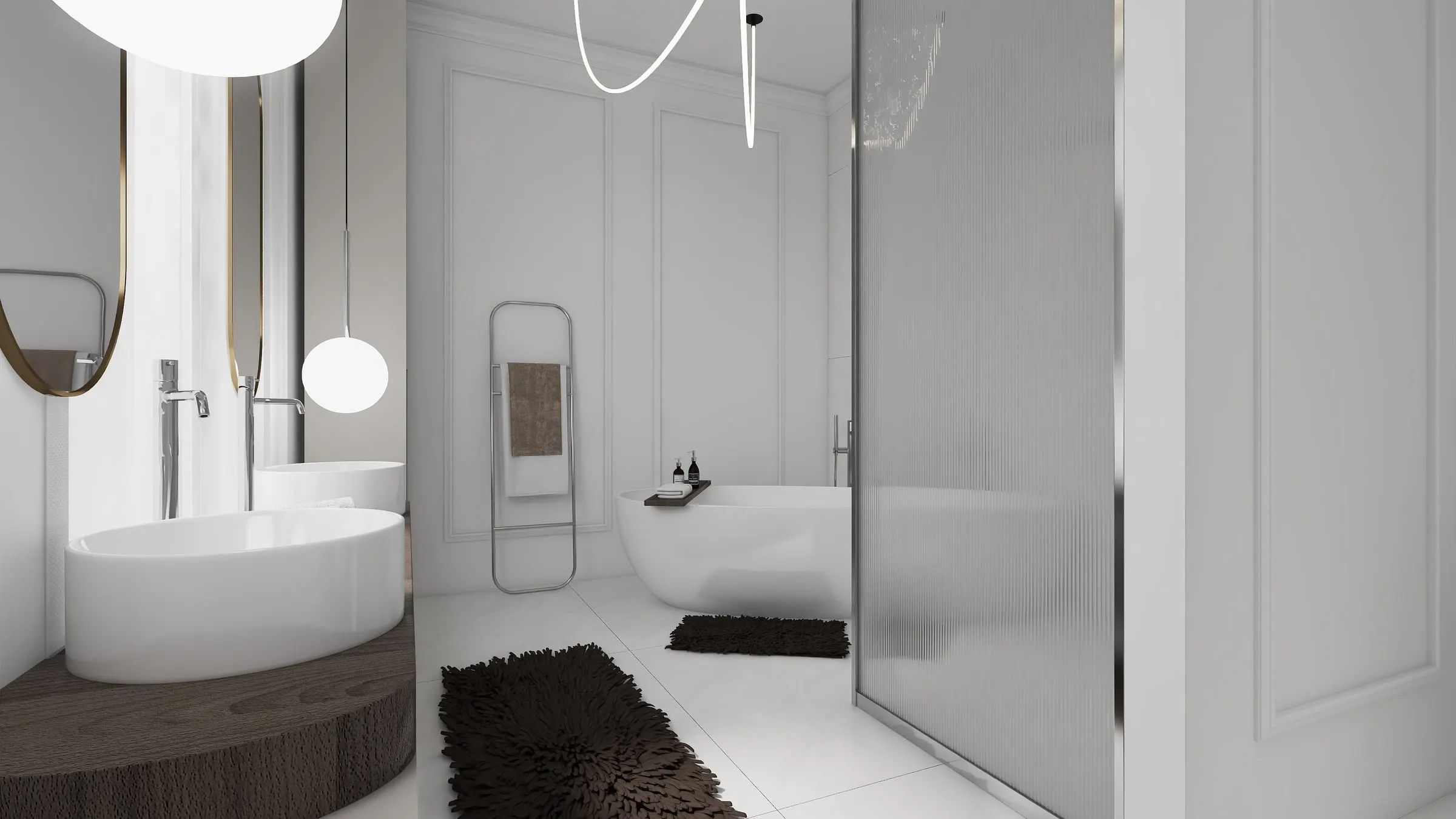 Bathroom with freestanding bathtub, towel ladder and glass partition